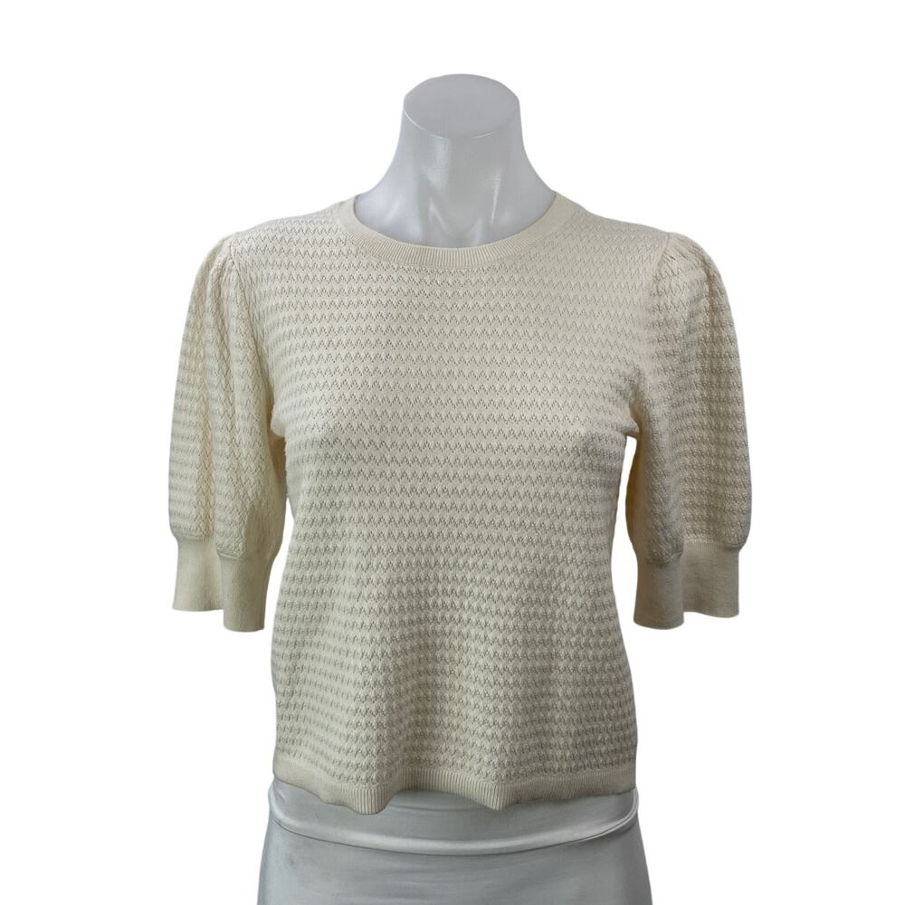Madewell Womens Cream Short Puff Sleeve Crew Neck Stretch Knit Blouse Top Size S